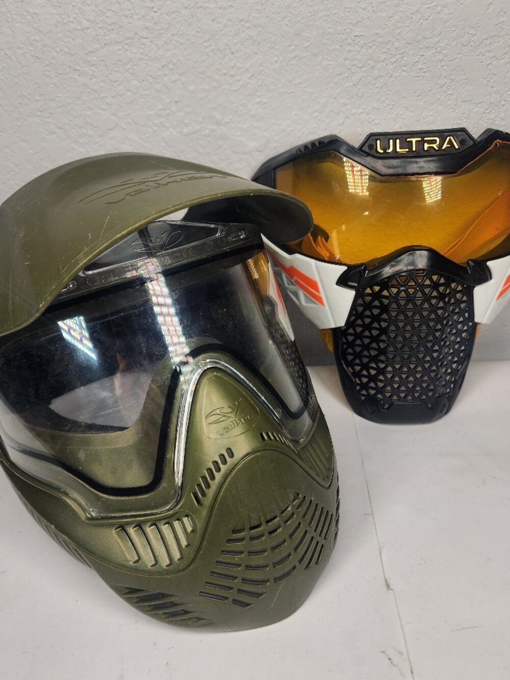 Lot of 2 Battle Masks: Valken MI-7 (Green) & Nerf Ultra Face Shield (White)